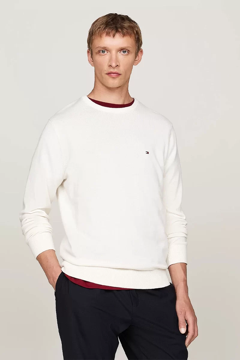 Tommy Hilfiger Erkek Logolu Bisiklet Yaka Beyaz Kazak
