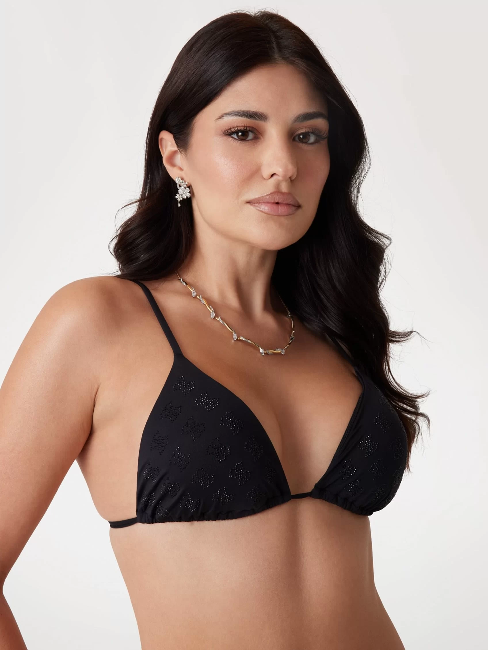Guess Kadın Siyah 4G Taşlı Üçgen Bikini Üst