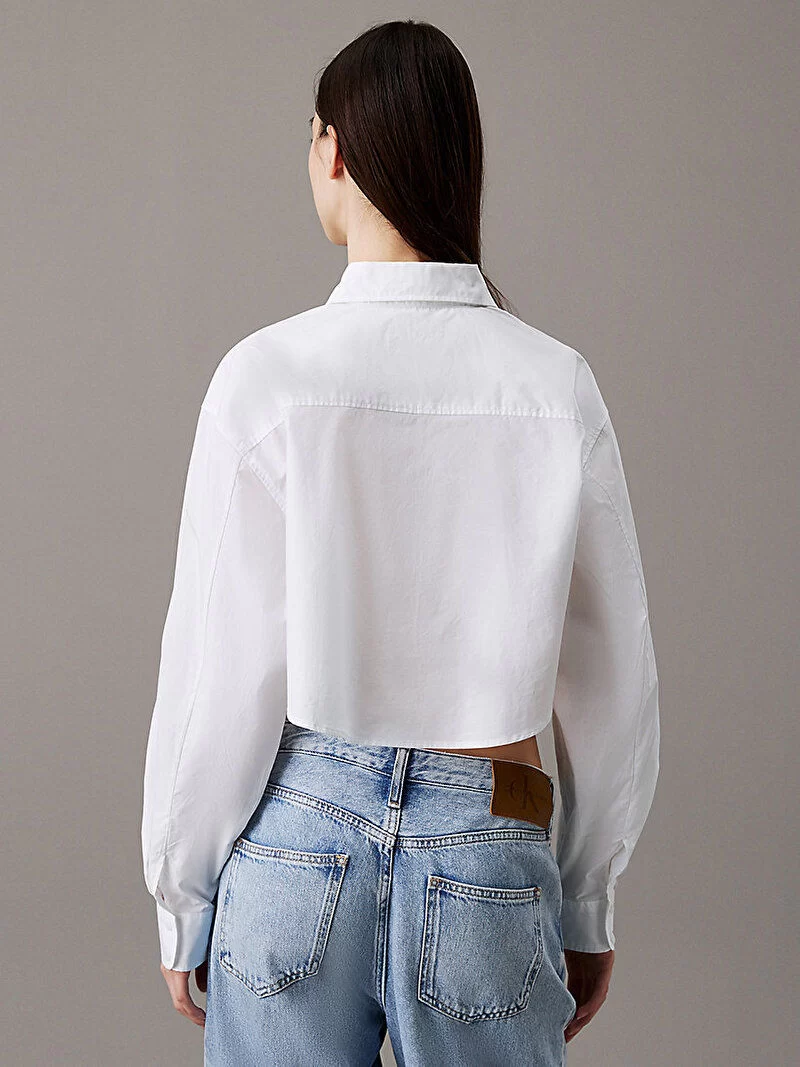 CK Jeans Kadın Woven Label Cropped Beyaz Gömlek J20J225078-YAF