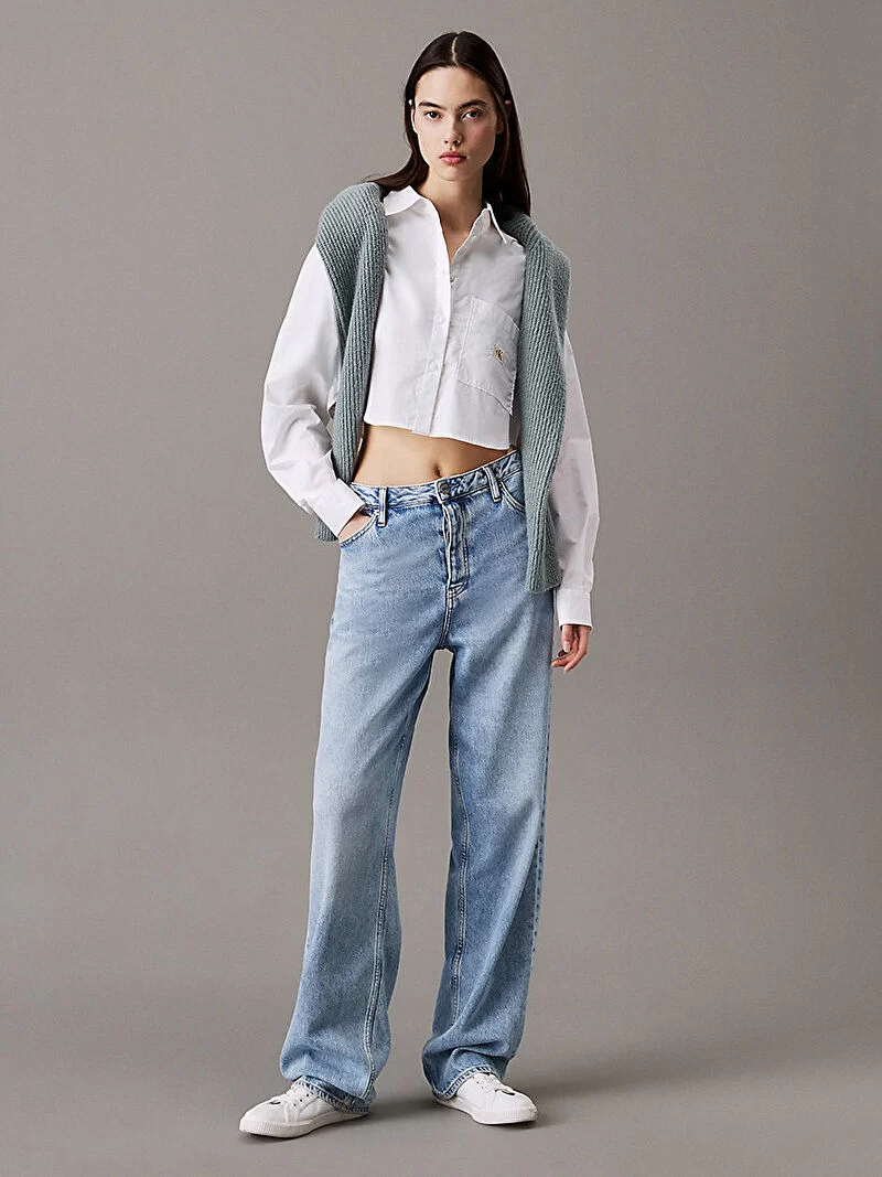 CK Jeans Kadın Woven Label Cropped Beyaz Gömlek J20J225078-YAF