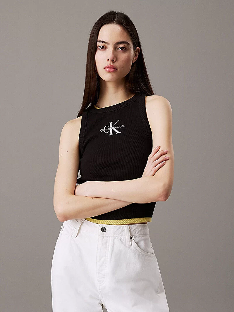 CK Jeans Kadın Monologo Rib Tank Top Siyah Crop J20J225301-BEH