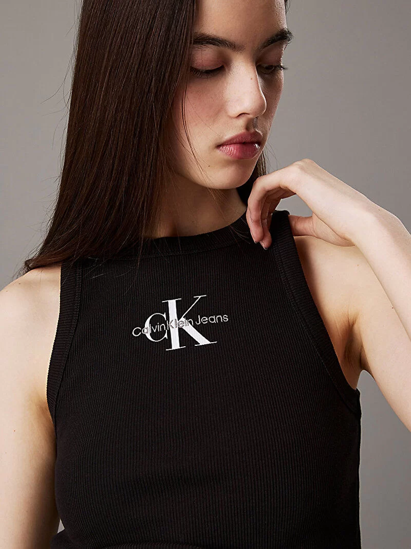 CK Jeans Kadın Monologo Rib Tank Top Siyah Crop J20J225301-BEH