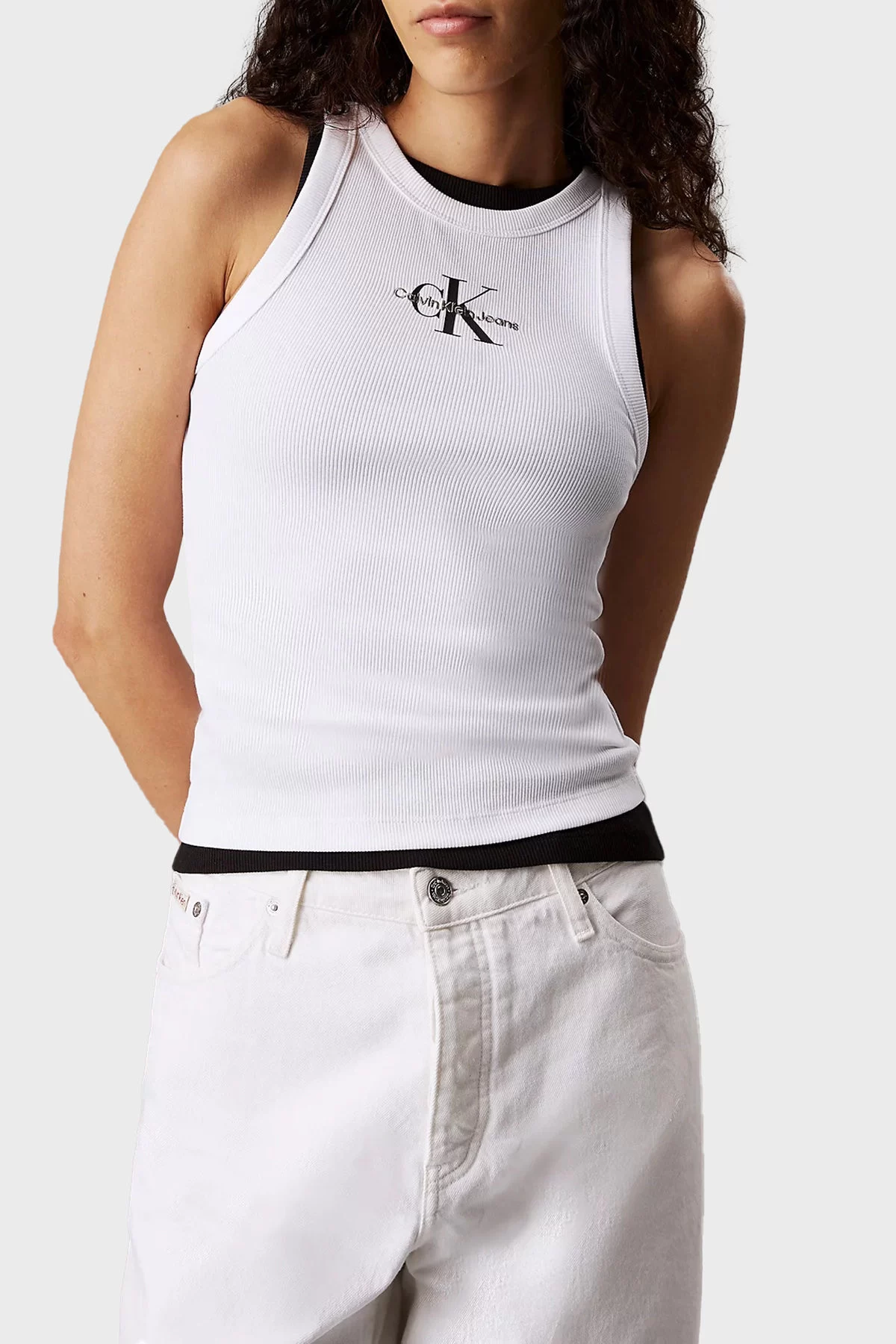CK Jeans Kadın Monologo Rib Tank Top Beyaz Body J20J225301-YAA