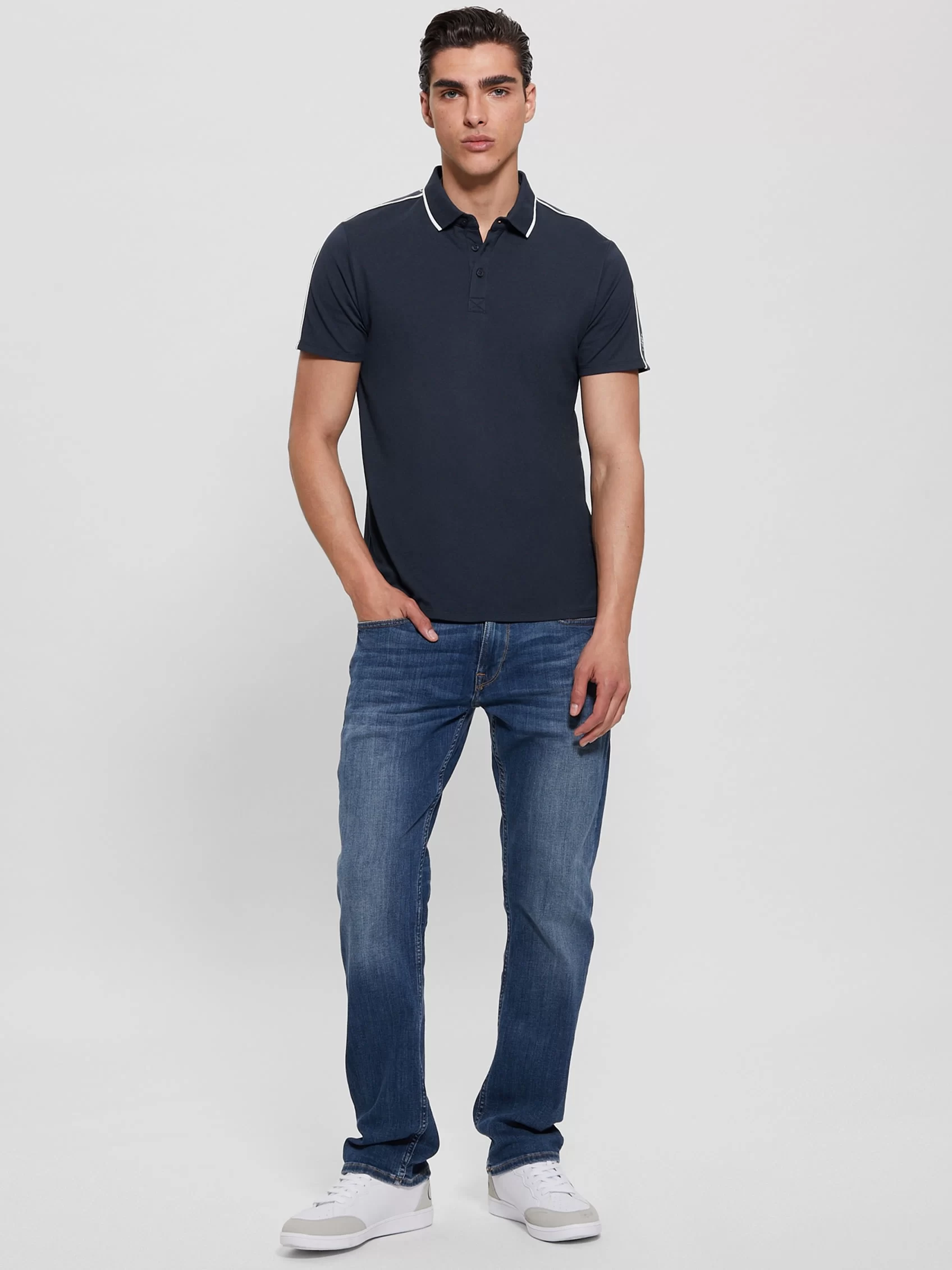 Guess Erkek Mavi Quattro G Şeritli Polo Tişört
