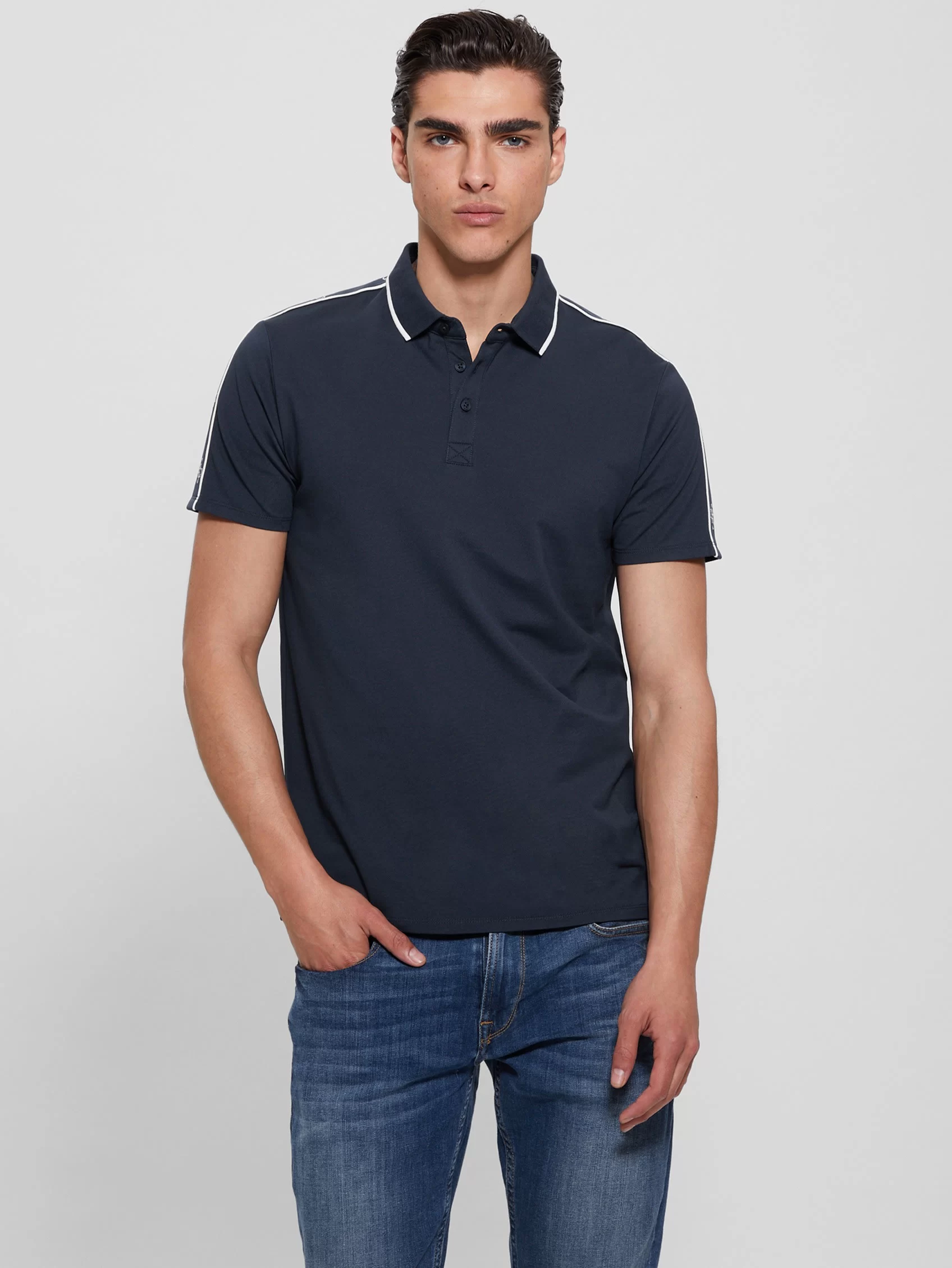 Guess Erkek Mavi Quattro G Şeritli Polo Tişört