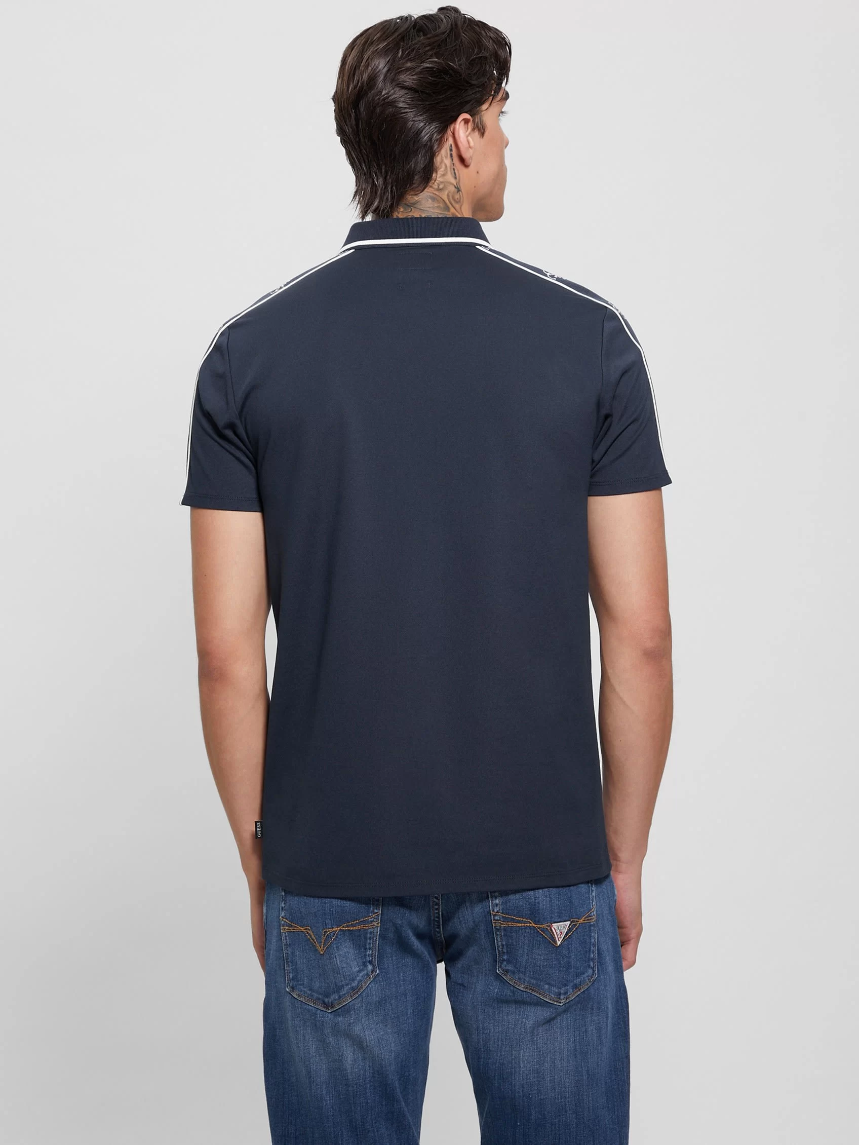 Guess Erkek Mavi Quattro G Şeritli Polo Tişört