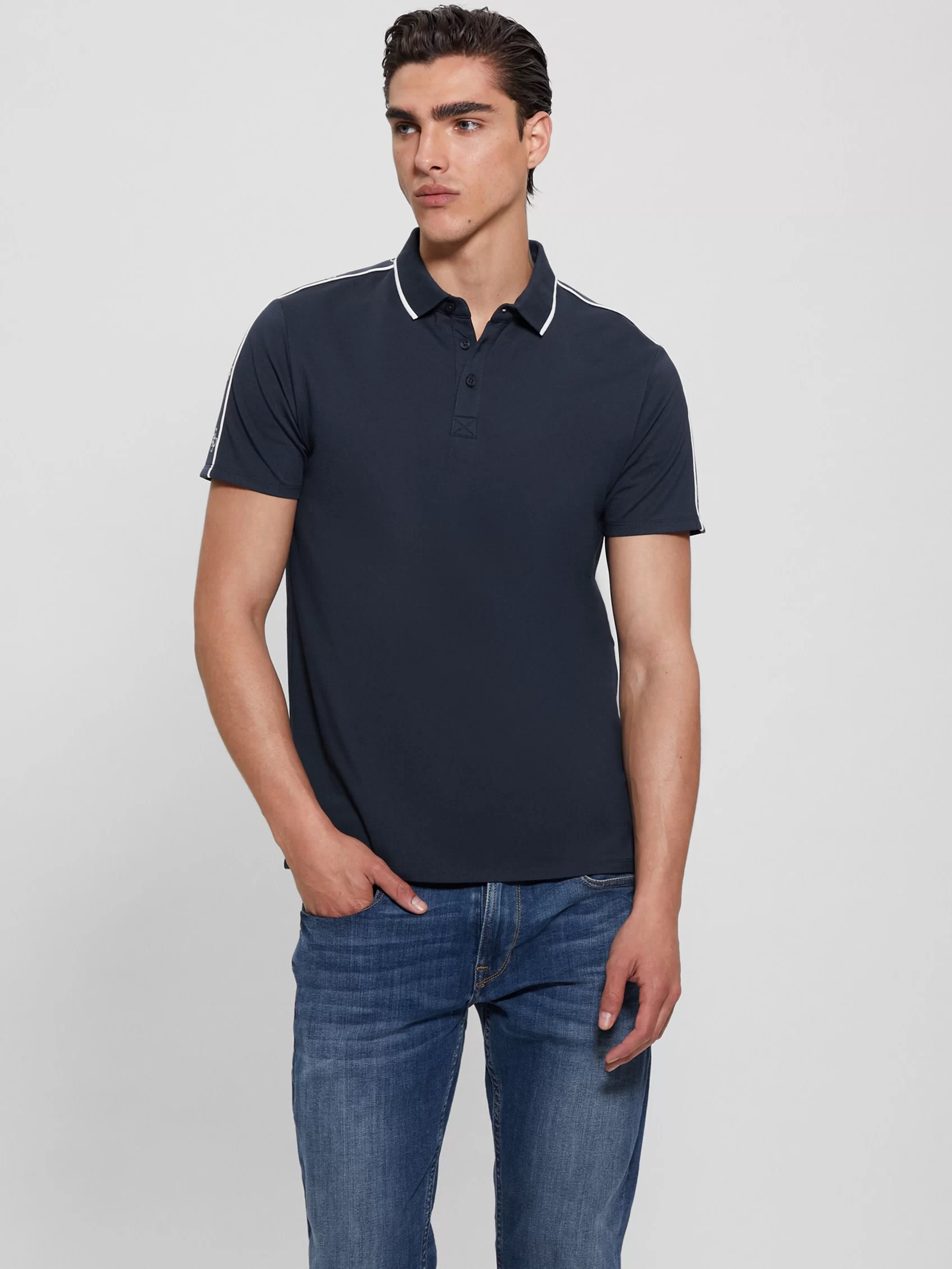Guess Erkek Mavi Quattro G Şeritli Polo Tişört