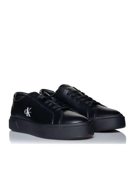 Calvin Klein Basketbol Stili Düz Tabanlı Bağcıklı Deri Monogramlı Erkek Siyah Sneaker YM0YM01460-0GJ