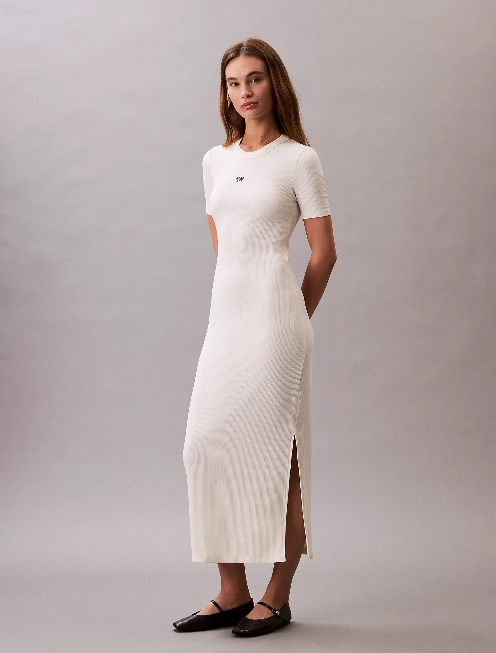 Calvin Klein A - MODAL RIB SS DRESS Kadın Beyaz Elbise LV044C902G-PBA