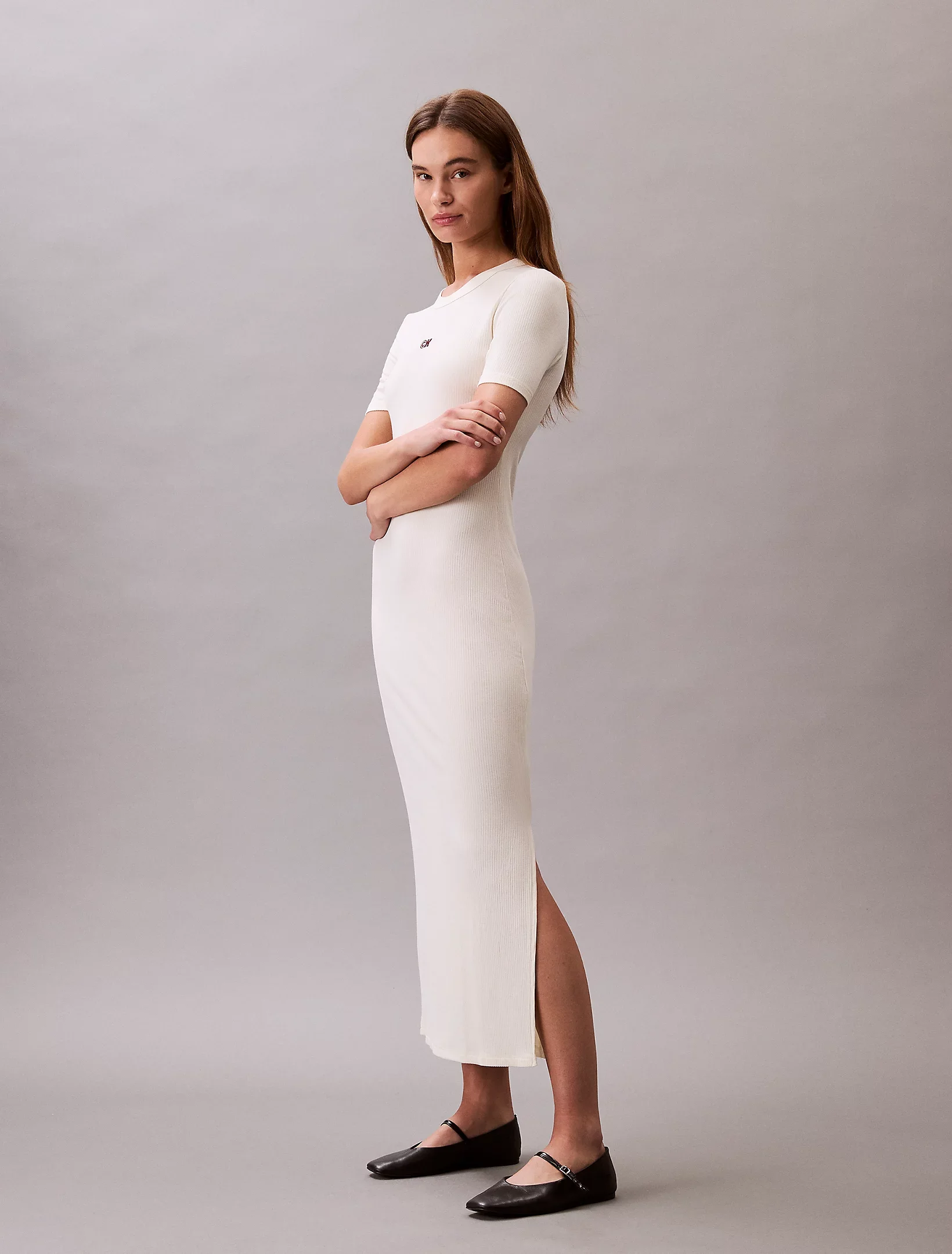 Calvin Klein A - MODAL RIB SS DRESS Kadın Beyaz Elbise LV044C902G-PBA