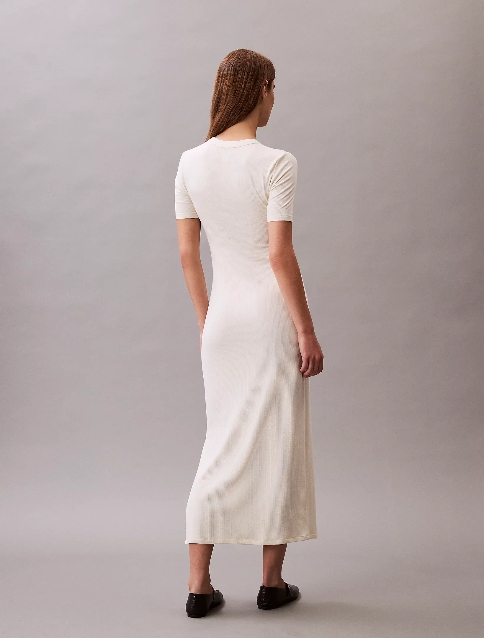 Calvin Klein A - MODAL RIB SS DRESS Kadın Beyaz Elbise LV044C902G-PBA