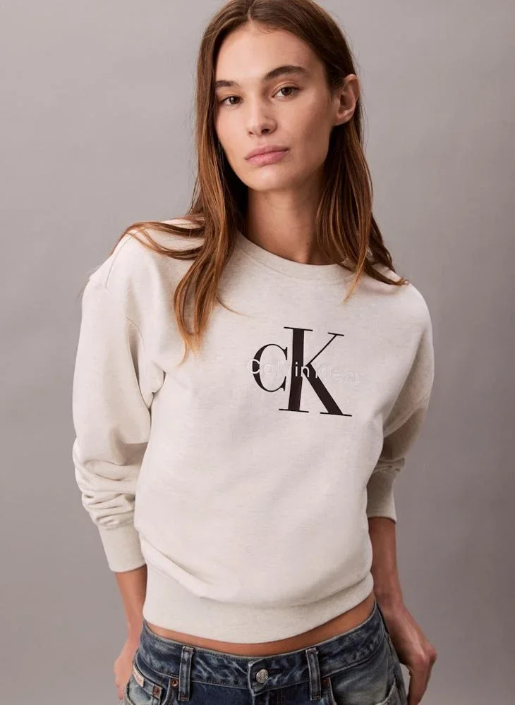 Calvin Klein Monologo Uzun Kollu Rahat Kesim Penye Bisiklet Yaka Kadın Gri Sweatshirt LV047B234G-P4P