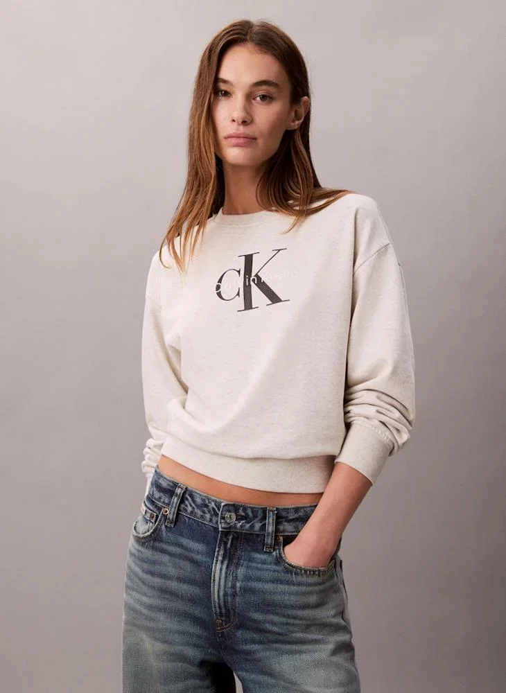 Calvin Klein Monologo Uzun Kollu Rahat Kesim Penye Bisiklet Yaka Kadın Gri Sweatshirt LV047B234G-P4P