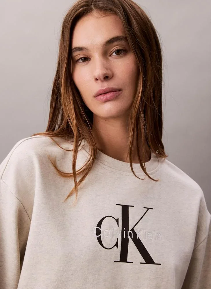 Calvin Klein Monologo Uzun Kollu Rahat Kesim Penye Bisiklet Yaka Kadın Gri Sweatshirt LV047B234G-P4P