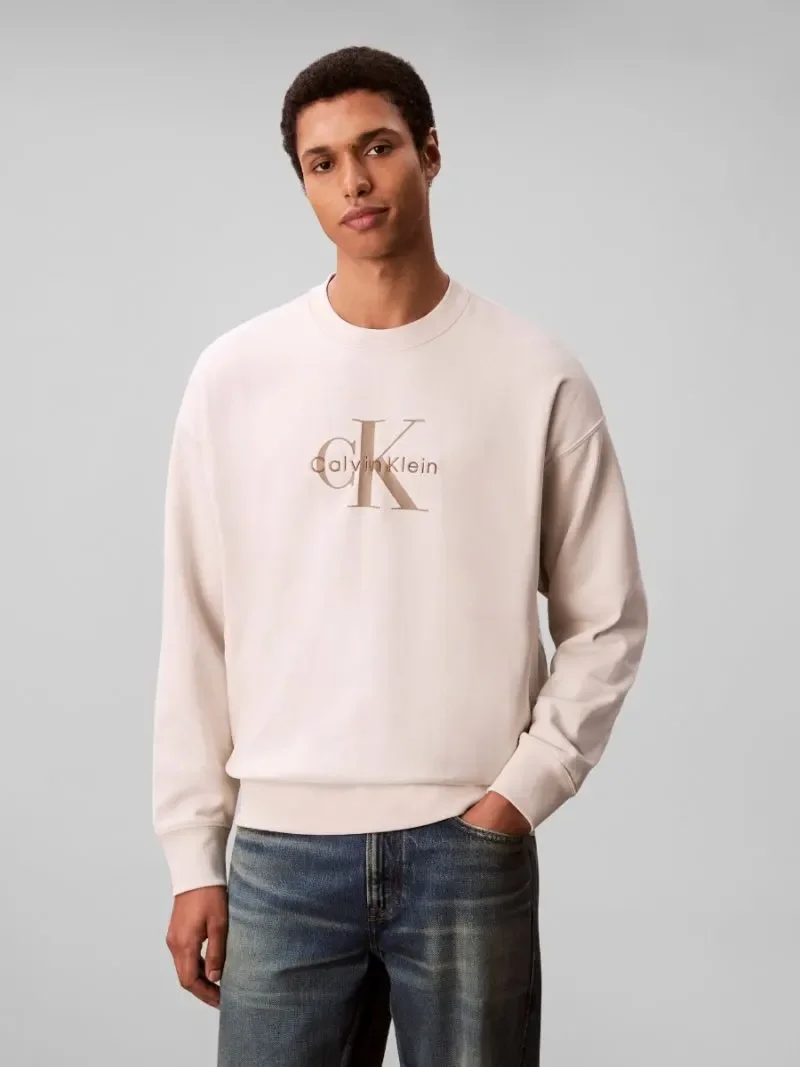 Calvin Klein Uzun Kollu 350gr Penye Monologolu Bisiklet Yaka Erkek Beyaz Sweatshirt LV04RD242G-67U