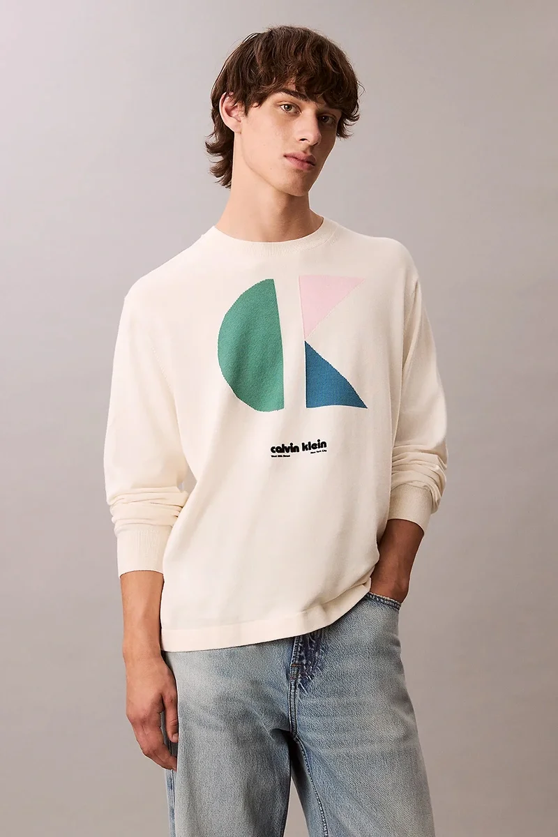 Calvin Klein Uzun Kollu Renk Bloklu Grafik Pamuklu Beyaz  Erkek Kazak LV04RC303G-YAS