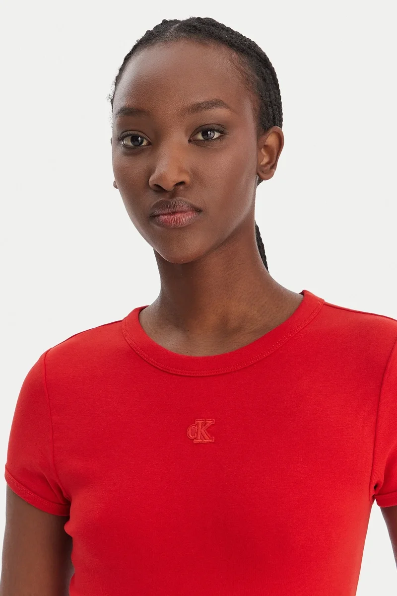 Calvin Klein Kısa Kollu Pamuklu Contour 1x1 Fitilli Kadın Kırmızı Elbise LV047B266G-VMT
