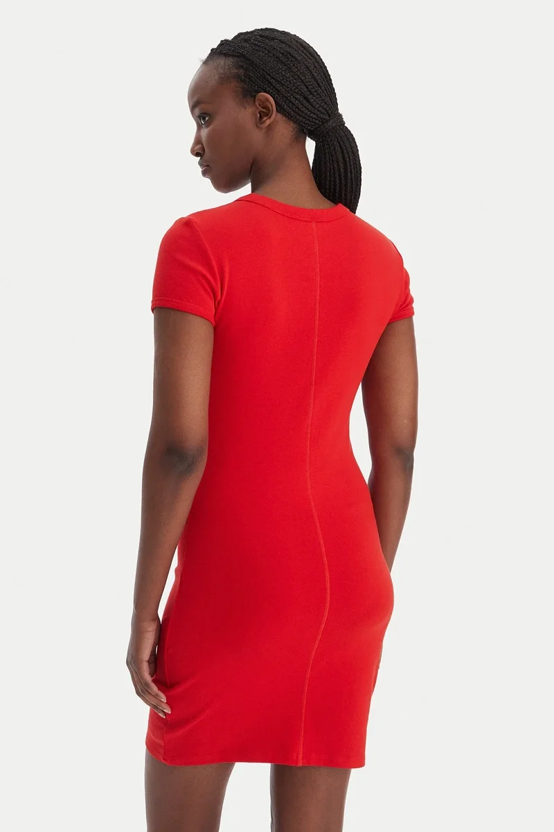 Calvin Klein Kısa Kollu Pamuklu Contour 1x1 Fitilli Kadın Kırmızı Elbise LV047B266G-VMT