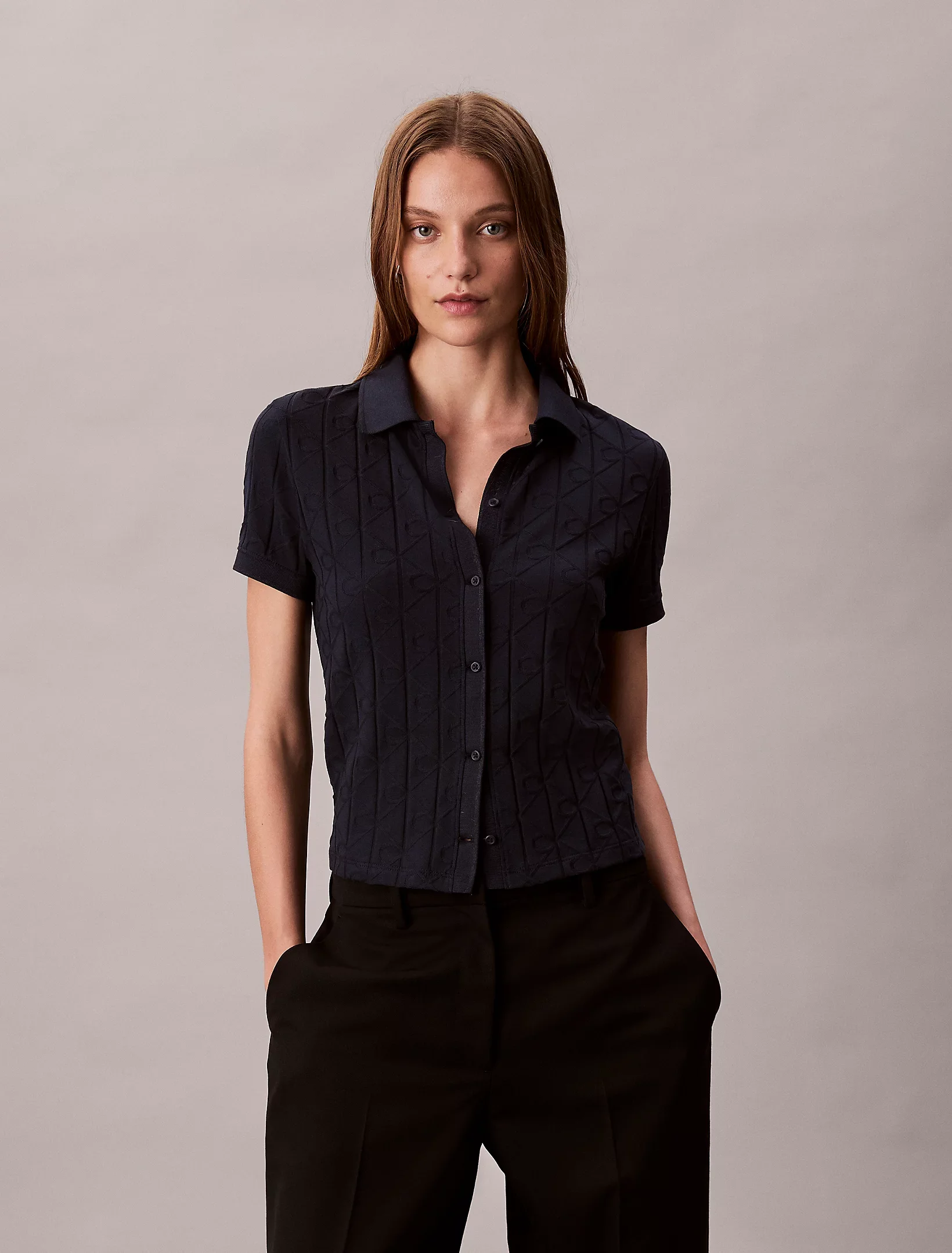 Calvin Klein Kısa Kollu Tamamı Baskılı Jakarlı Polo Kadın Mavi Gömlek  LV044D209G-CEF