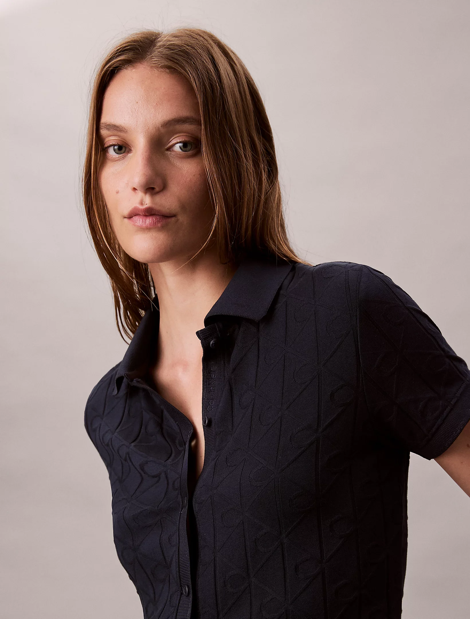 Calvin Klein Kısa Kollu Tamamı Baskılı Jakarlı Polo Kadın Mavi Gömlek  LV044D209G-CEF