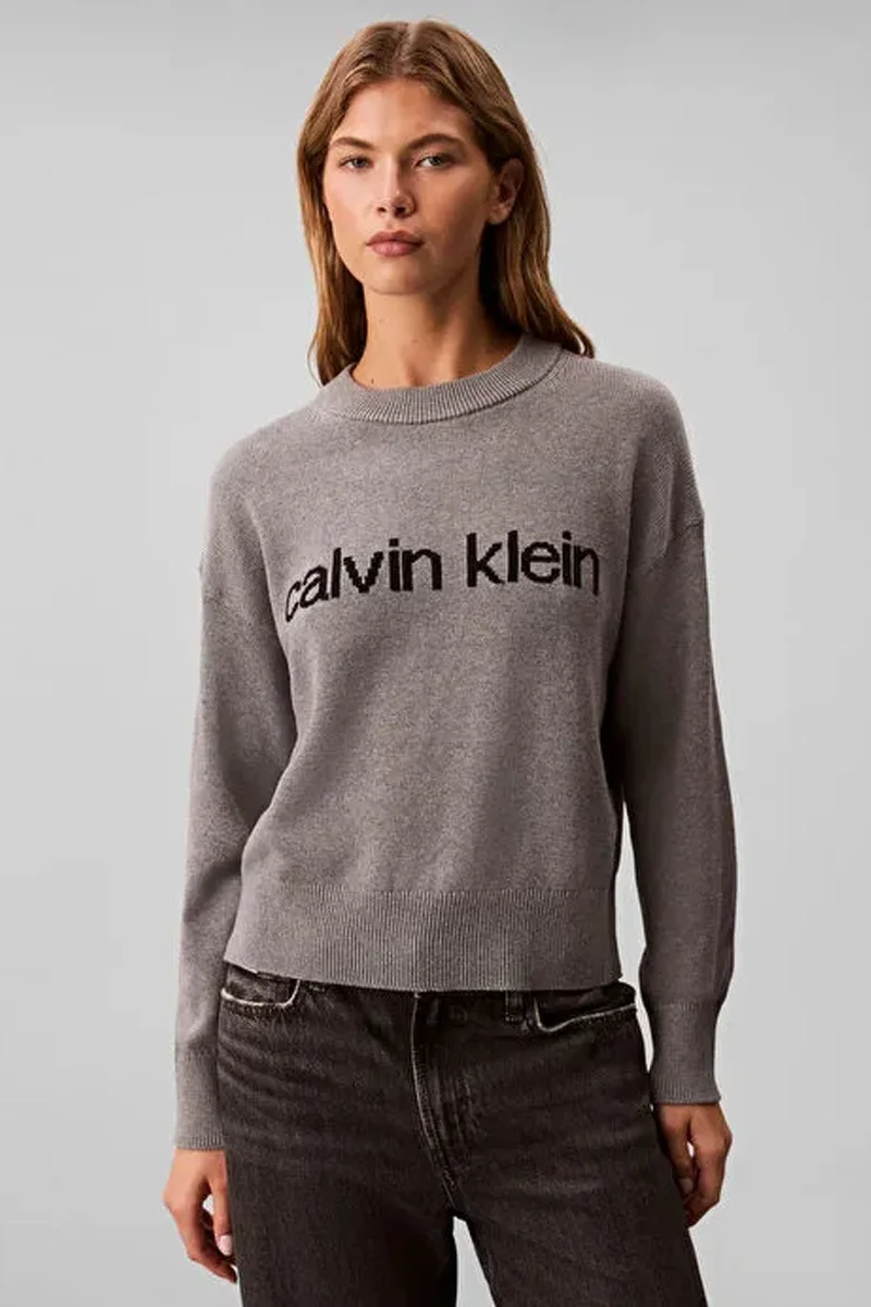 Calvin Klein Pamuklu Grafik Baskılı Kadın Gri Kazak LV047C311G-P7E