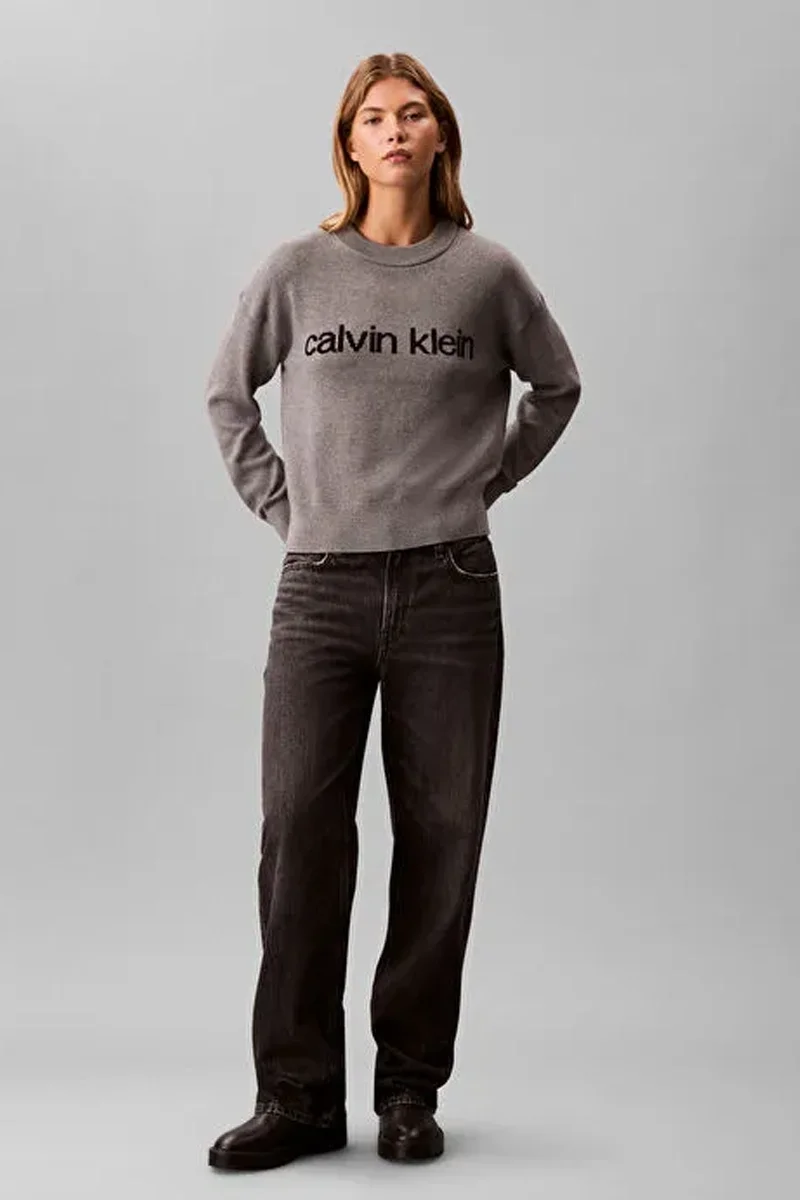 Calvin Klein Pamuklu Grafik Baskılı Kadın Gri Kazak LV047C311G-P7E