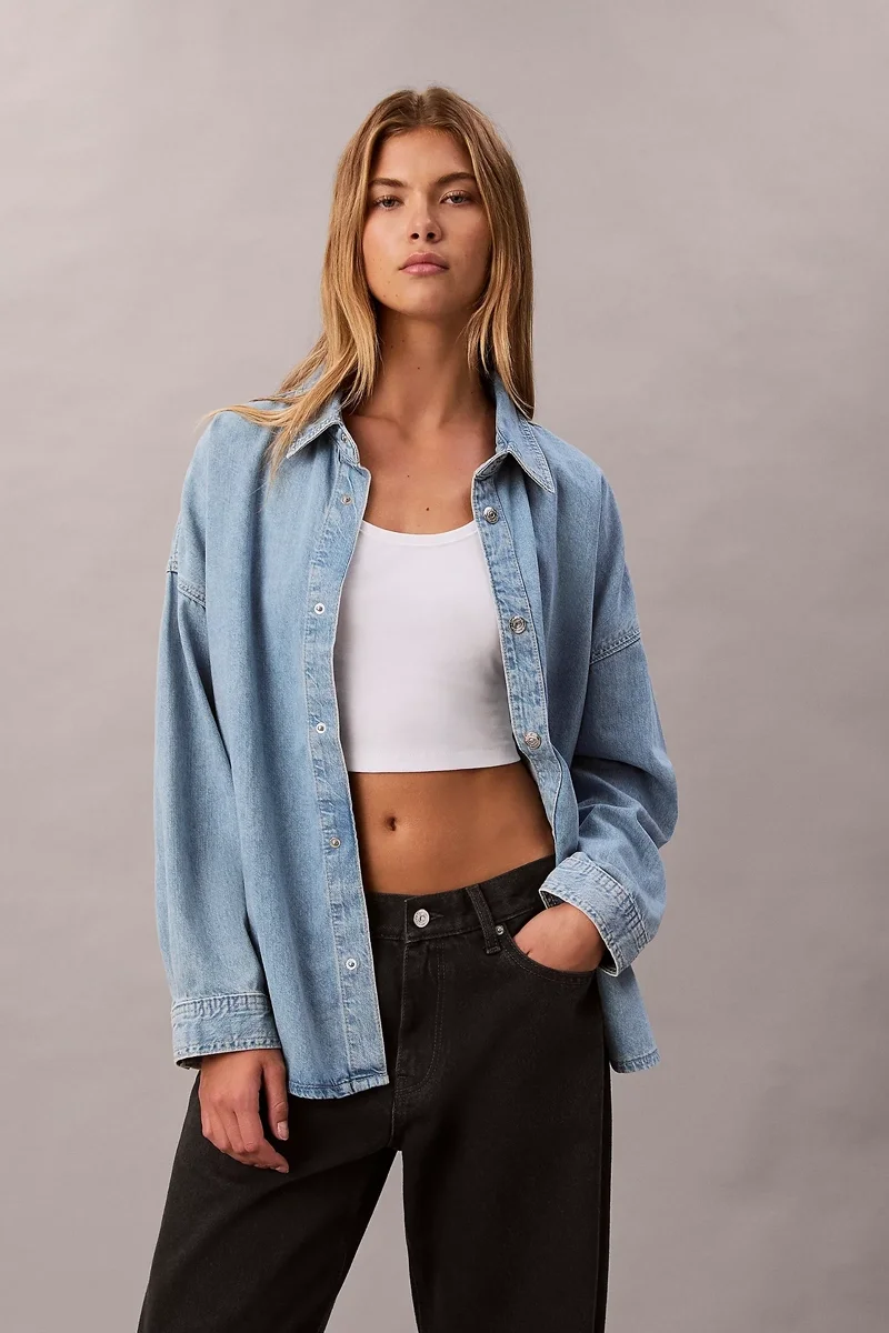 Calvin Klein Rahat Kesim Keten Denim Kadın  Mavi Gömlek LV047C709G-X1O