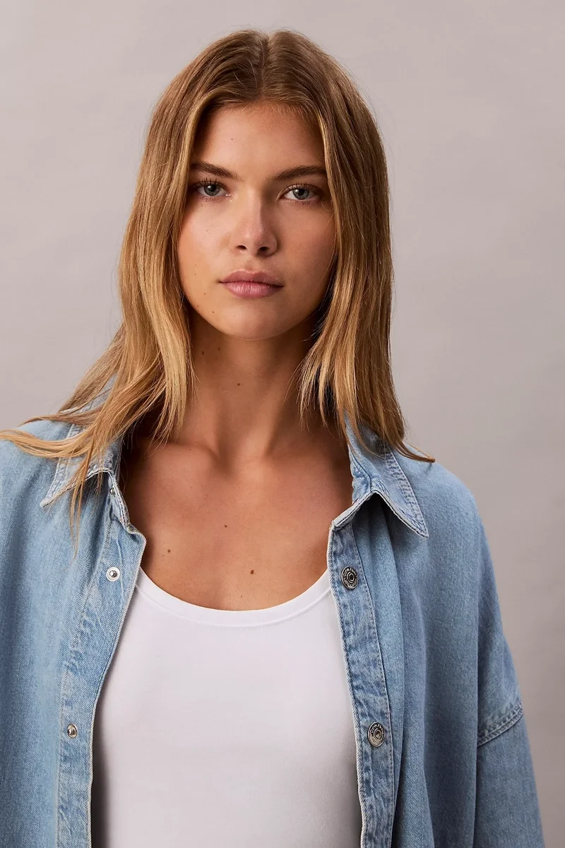 Calvin Klein Rahat Kesim Keten Denim Kadın  Mavi Gömlek LV047C709G-X1O