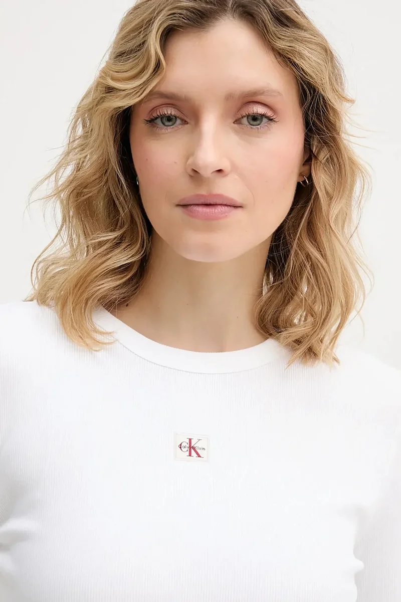 Calvin Klein Uzun Kollu Dokuma Etiketli 2x2 Fitilli Bisiklet Yaka Kadın Beyaz Bluz LV047E205G-YAA