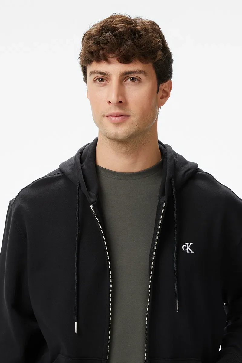 Calvin Klein Uzun Kollu EU 350 Terry Monogram Tam Fermuarlı Kapüşonlu Erkek Siyah Sweatshirt LV04RD240G-UB1