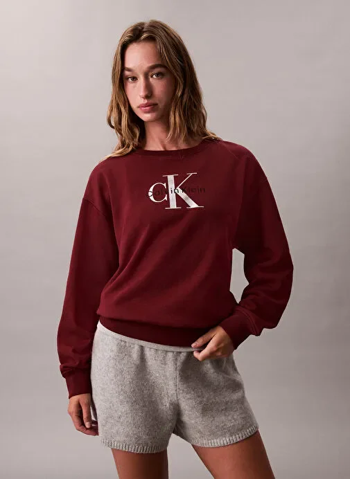 Calvin Klein Uzun Kollu Monologo Penye Rahat Kesim Bisiklet Yaka Kadın Kırmızı Sweatshirt LV047B234G-WCV