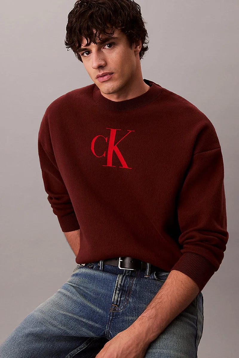 Calvin Klein Uzun Kollu Pamuklu Kaşmir 3D Logolu Bisiklet Yaka Erkek Kırmızı Kazak LV04RD305G-XWI