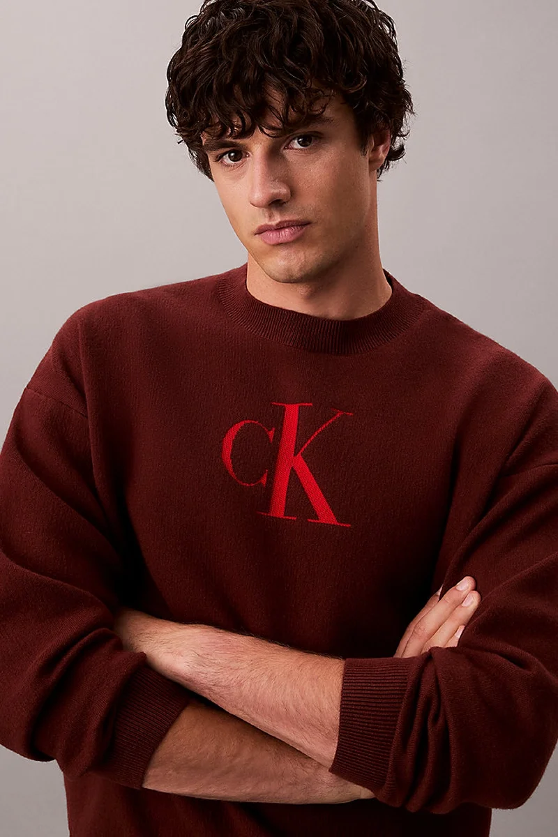 Calvin Klein Uzun Kollu Pamuklu Kaşmir 3D Logolu Bisiklet Yaka Erkek Kırmızı Kazak LV04RD305G-XWI