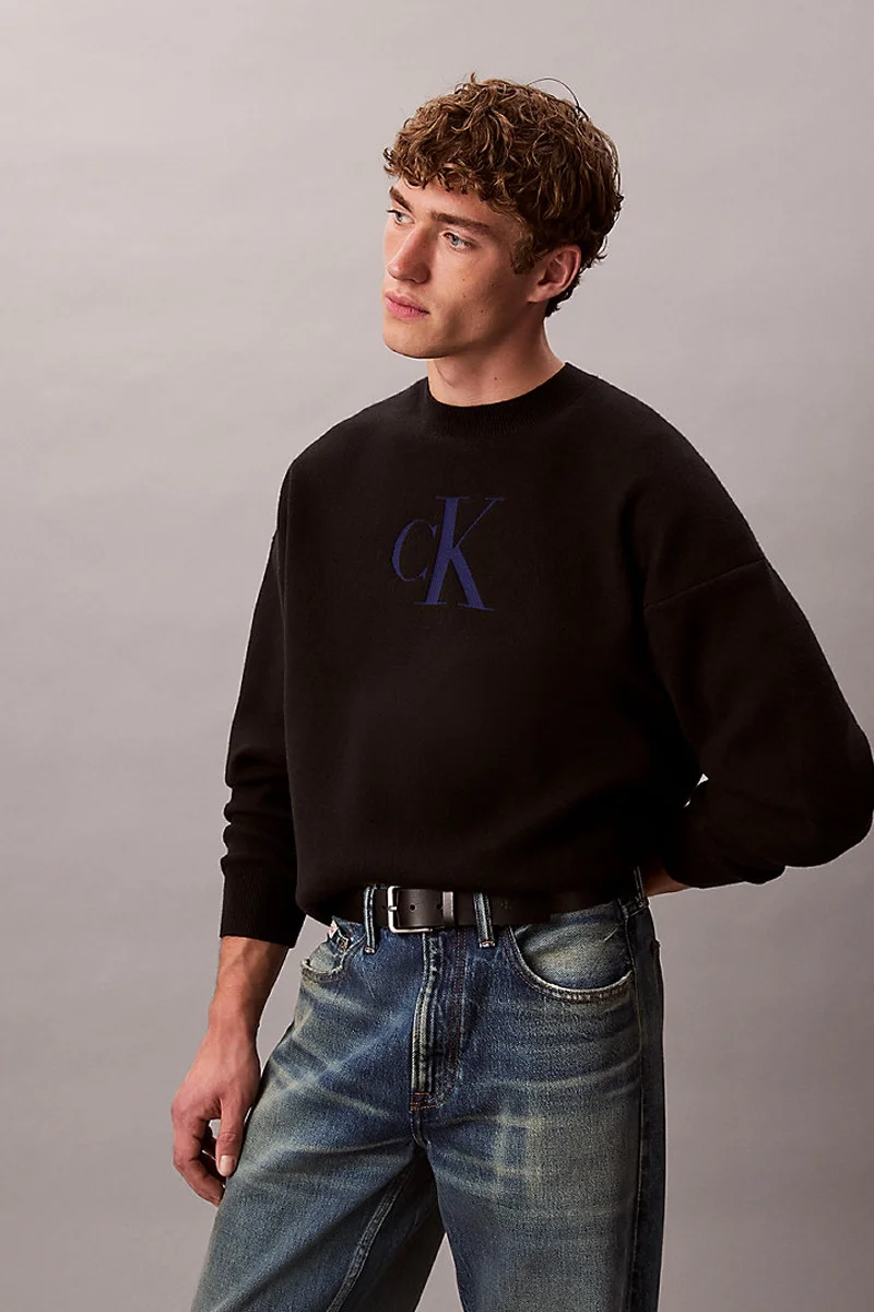 Calvin Klein Uzun Kollu Pamuklu Kaşmir 3D Logolu Bisiklet Yaka Erkek Siyah Kazak LV04RD305G-UB1