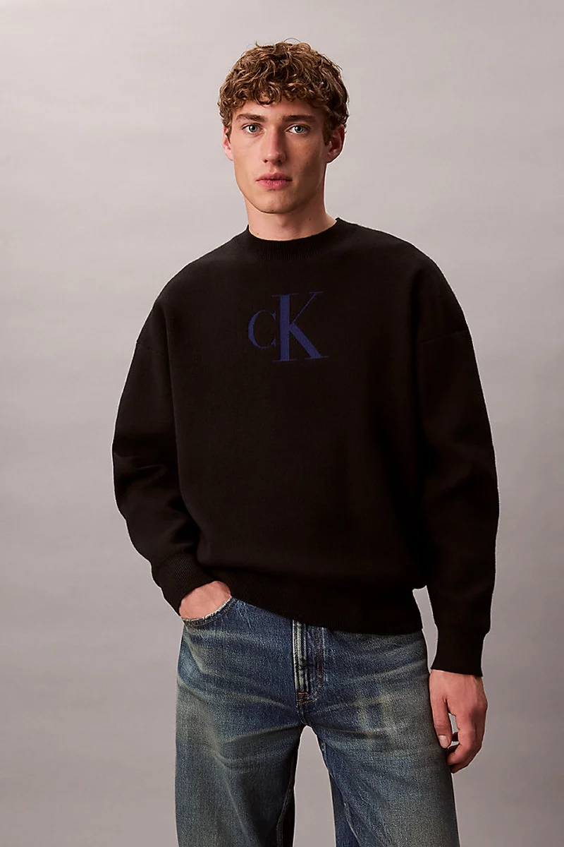 Calvin Klein Uzun Kollu Pamuklu Kaşmir 3D Logolu Bisiklet Yaka Erkek Siyah Kazak LV04RD305G-UB1