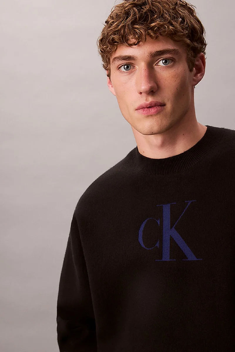 Calvin Klein Uzun Kollu Pamuklu Kaşmir 3D Logolu Bisiklet Yaka Erkek Siyah Kazak LV04RD305G-UB1