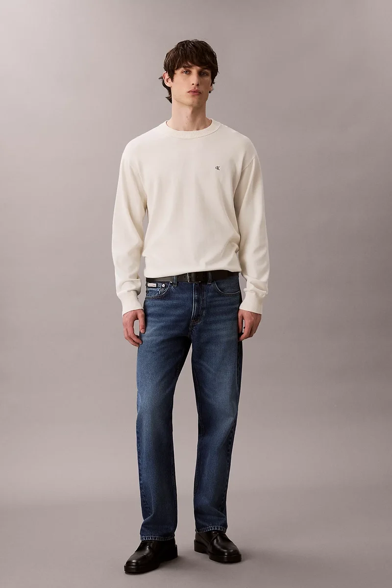 Calvin Klein Uzun Kollu Rahat Pamuklu Bisiklet Yaka Erkek Beyaz Kazak LV04RC309G-YAS