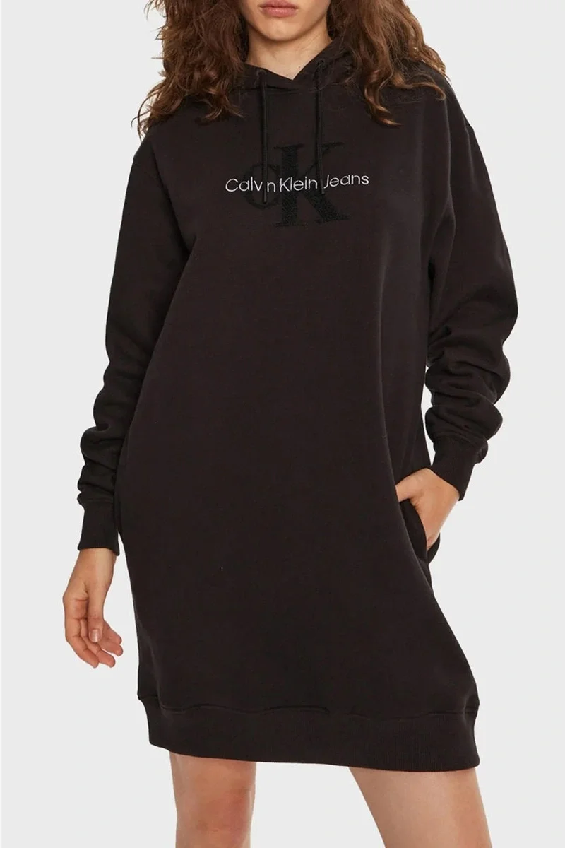 Calvin Klein CHENILLE MONOLOGO HOODIE DRESS Kadın SİYAH Elbise J20J224685-BEH