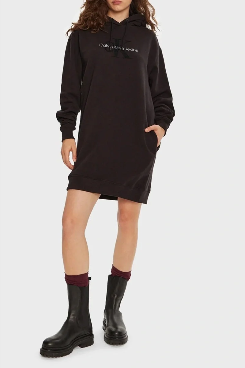 Calvin Klein CHENILLE MONOLOGO HOODIE DRESS Kadın SİYAH Elbise J20J224685-BEH