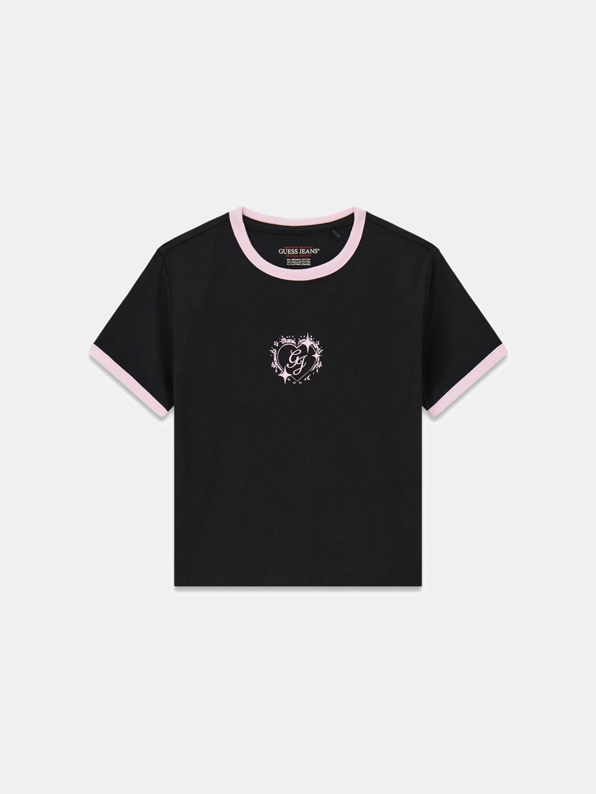 Guess GJ Kısa Kollu Bisiklet Yaka Baby Ringer Kalp Detaylı Kadın Siyah T-shirt W6RI16J1314-JBLK