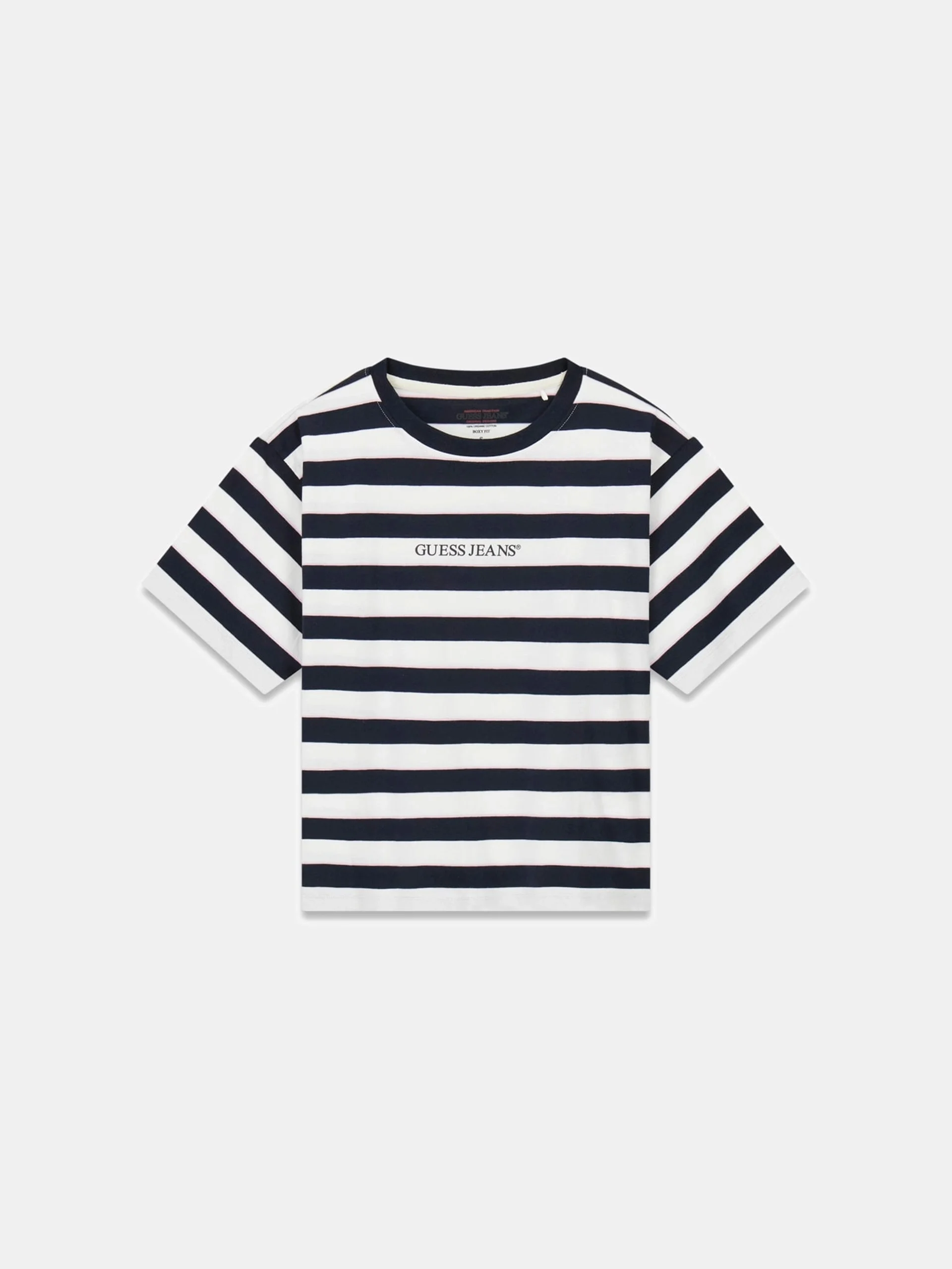 Guess GJ Kısa Kollu Bisiklet Yaka Kutulu Kesim Çizgili Kadın Lacivert T-shirt W6RI19K8HM0-S75Q