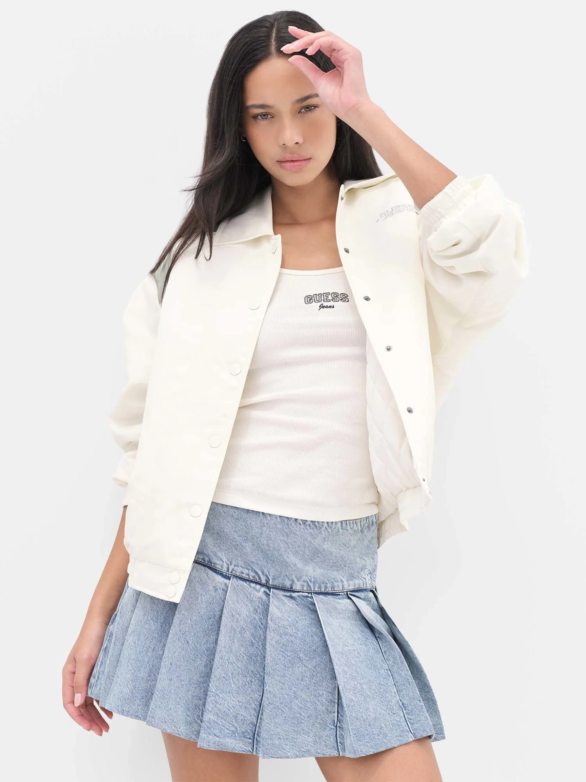 Guess GJ Kolsuz Bisiklet Yaka Nakışlı Dar Kesim Kadın Krem Top W6RP21KA0H1-G053