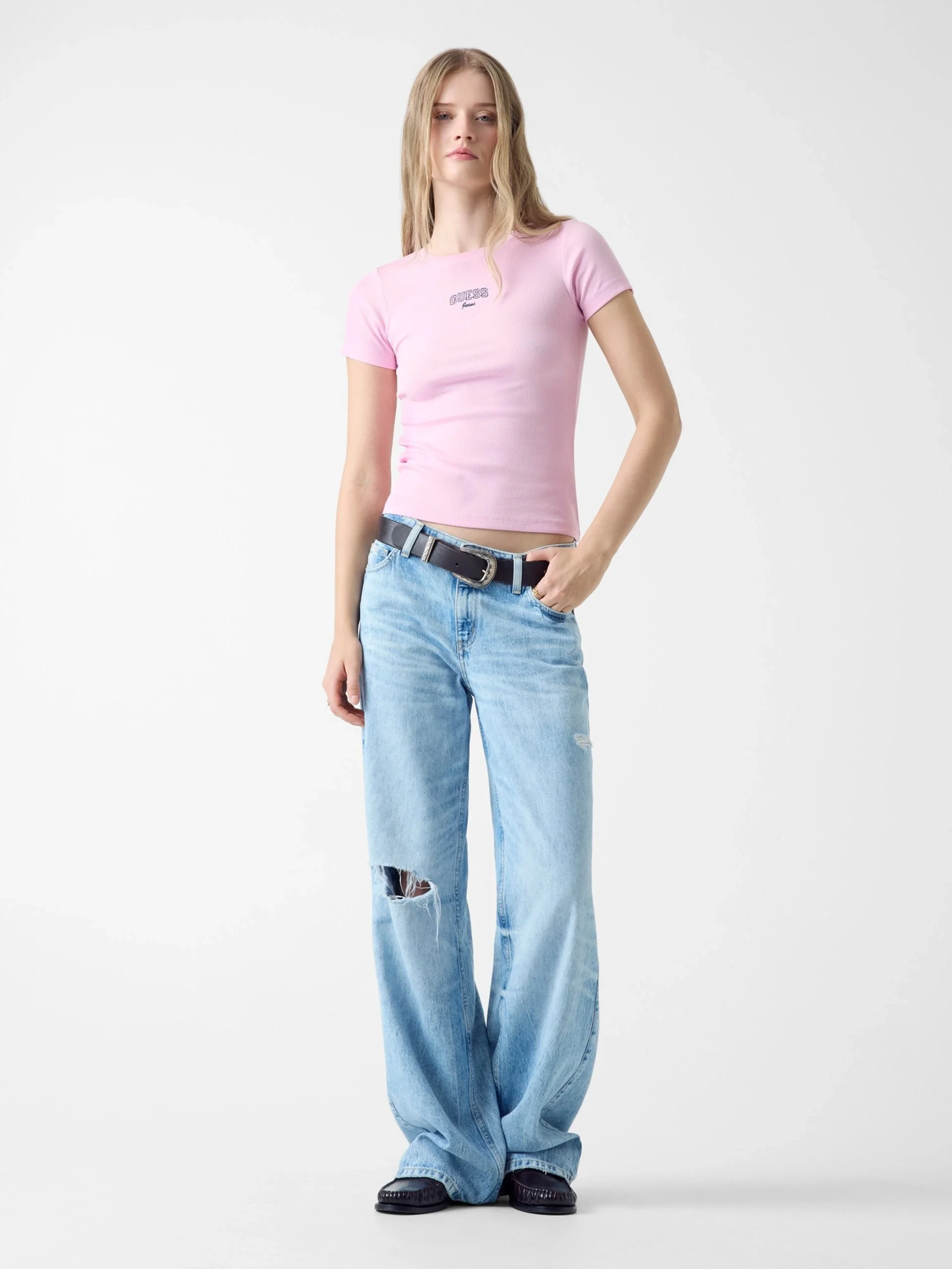 Guess GJ Kolsuz Bisiklet Yaka Nakışlı Dar Kesim Kadın Pembe Top W6RP21KA0H1-G65F
