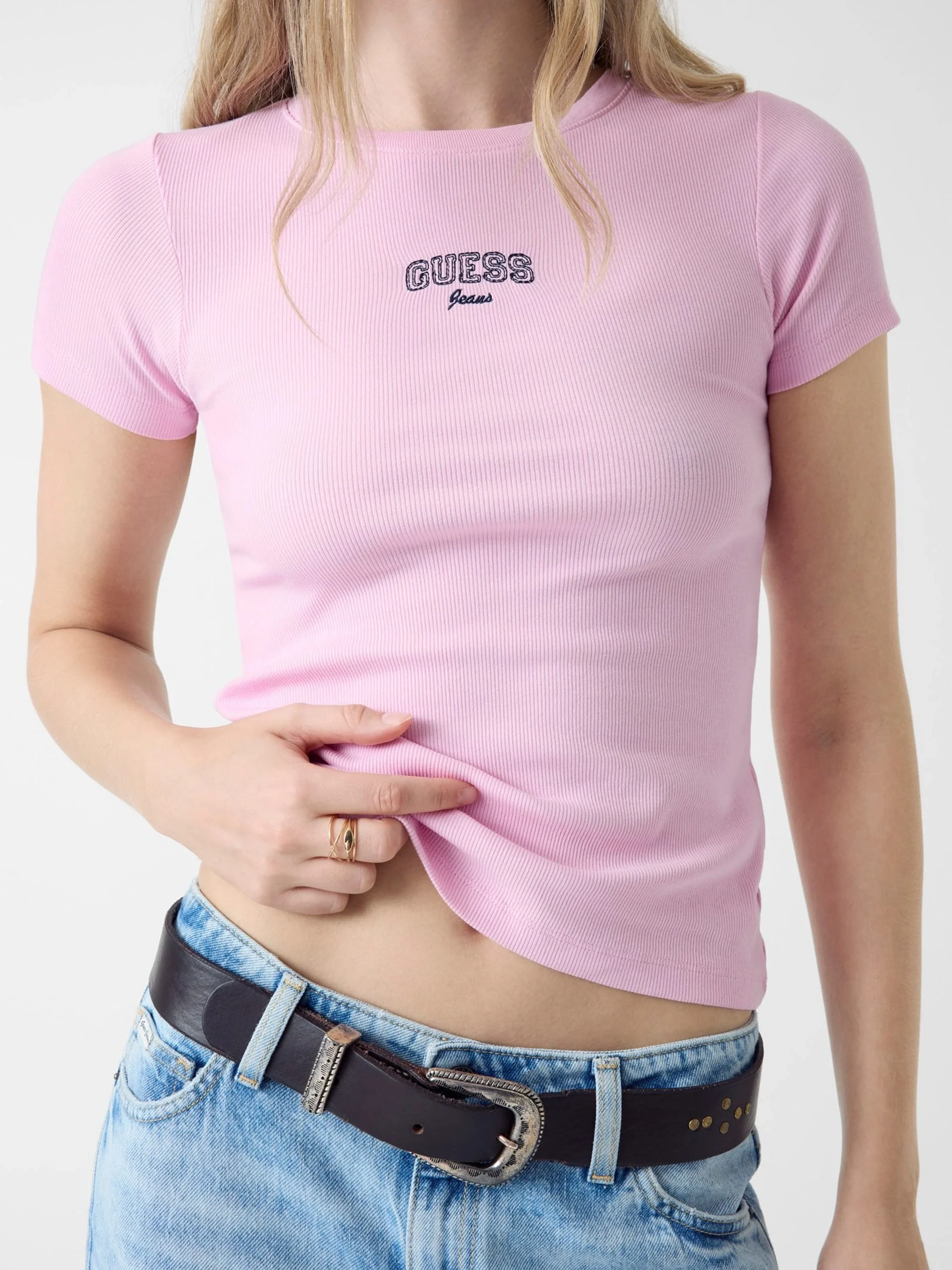 Guess GJ Kolsuz Bisiklet Yaka Nakışlı Dar Kesim Kadın Pembe Top W6RP21KA0H1-G65F