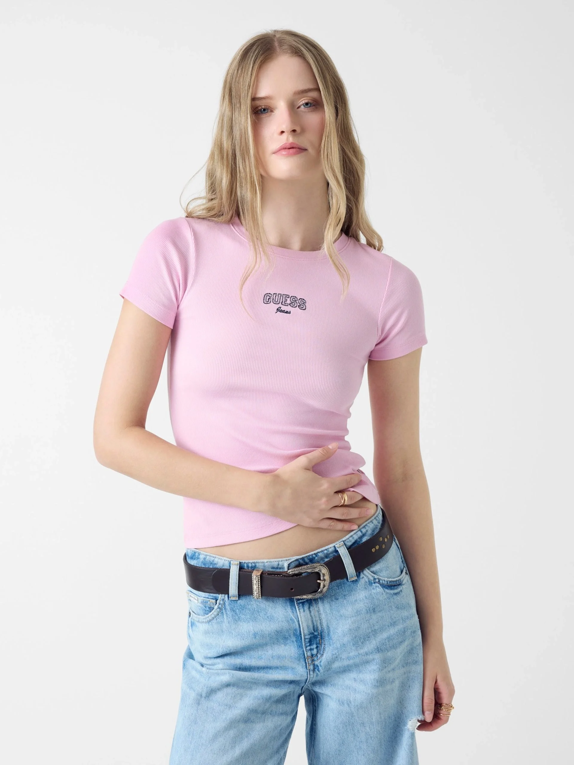 Guess GJ Kolsuz Bisiklet Yaka Nakışlı Dar Kesim Kadın Pembe Top W6RP21KA0H1-G65F