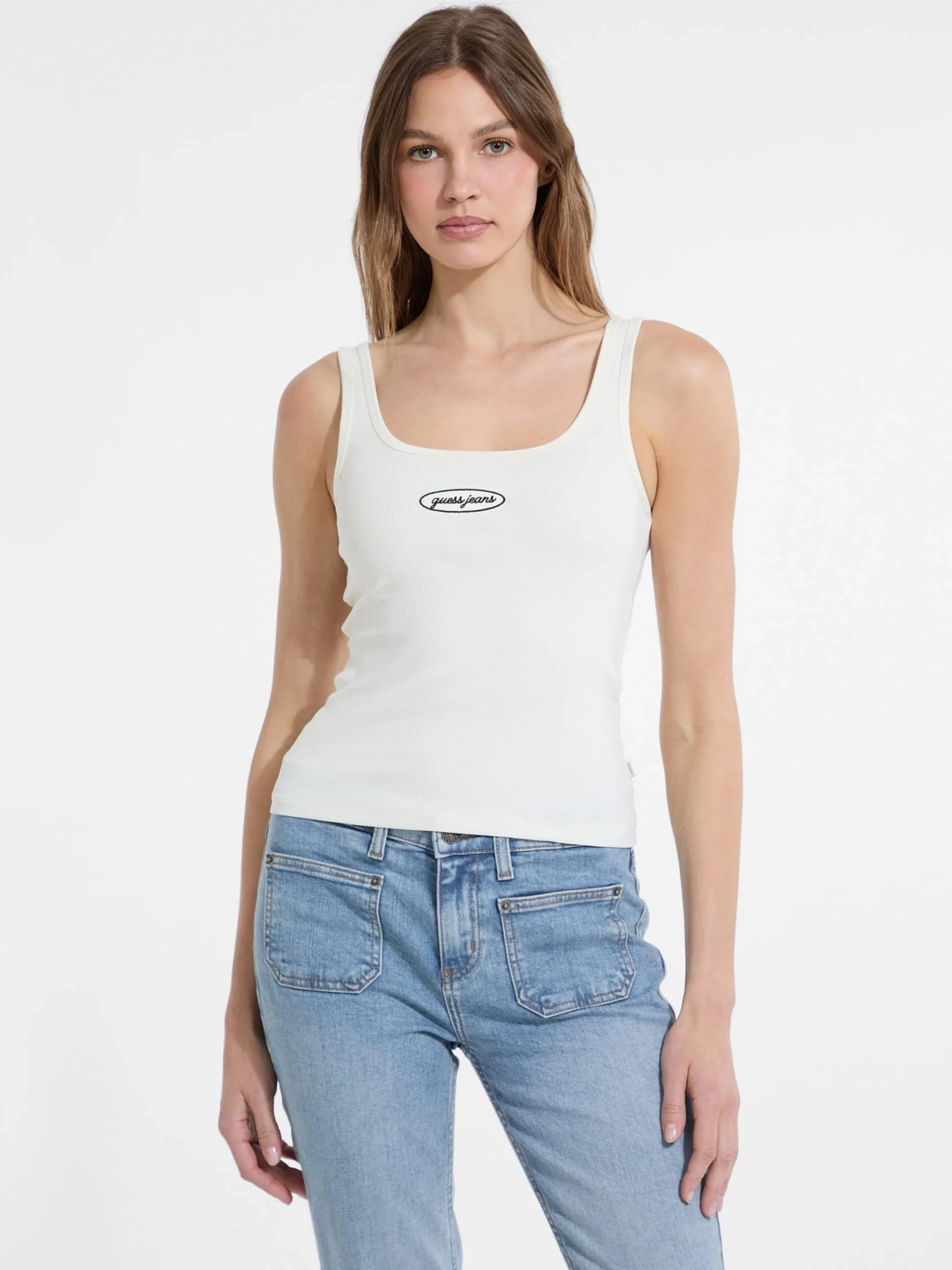 Guess Kadın Krem Nakış Logolu Ribana Crop Atlet W5YP35KA0H1-G053
