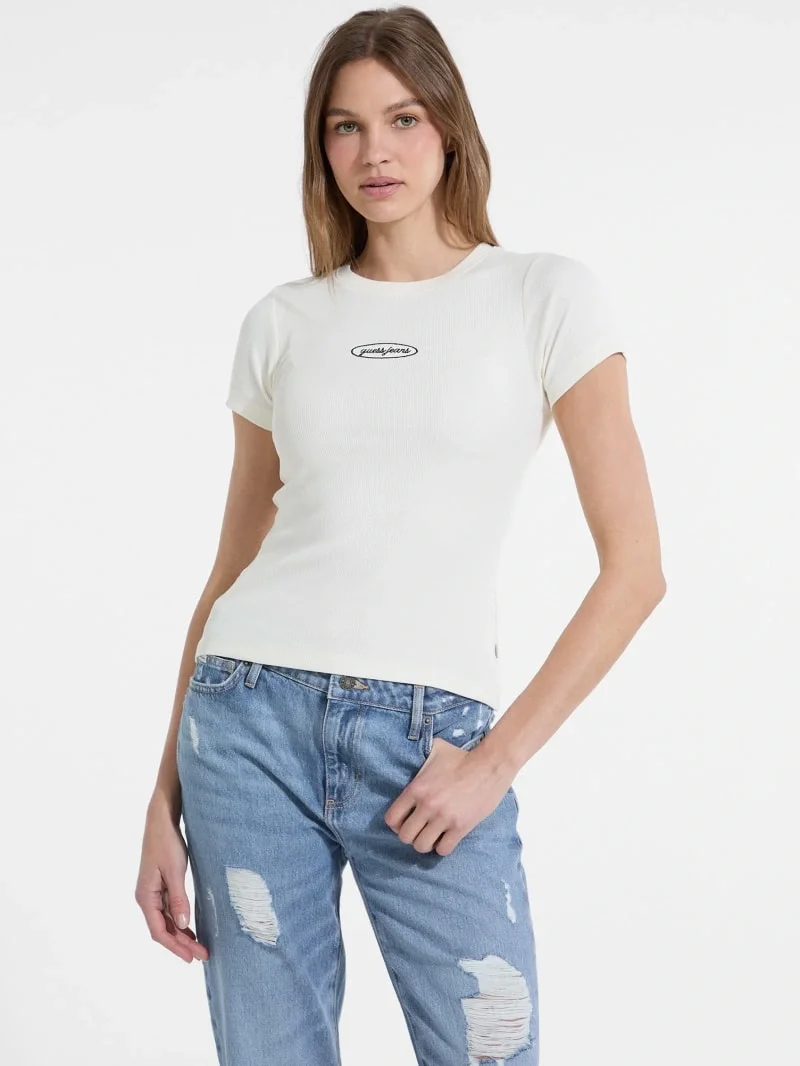 Guess Kadın Krem Rengi Slim Fit Logolu T-shirt W5YP37KA0H1-G053