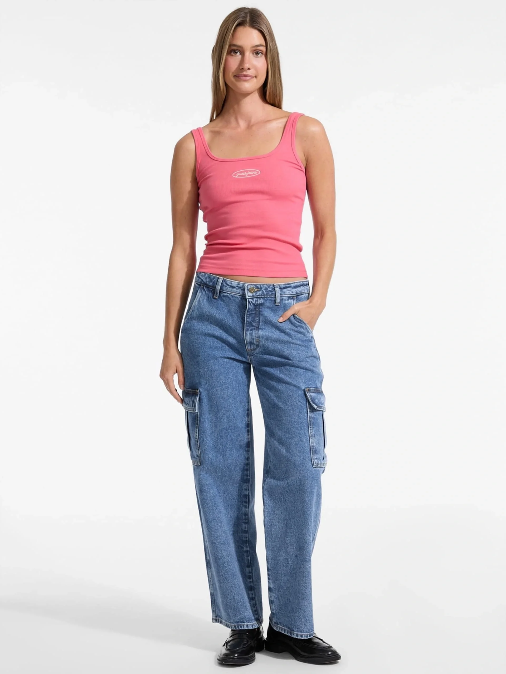 Guess Kadın Pembe Nakış Logolu Ribana Crop Atlet W5YP35KA0H1-A619