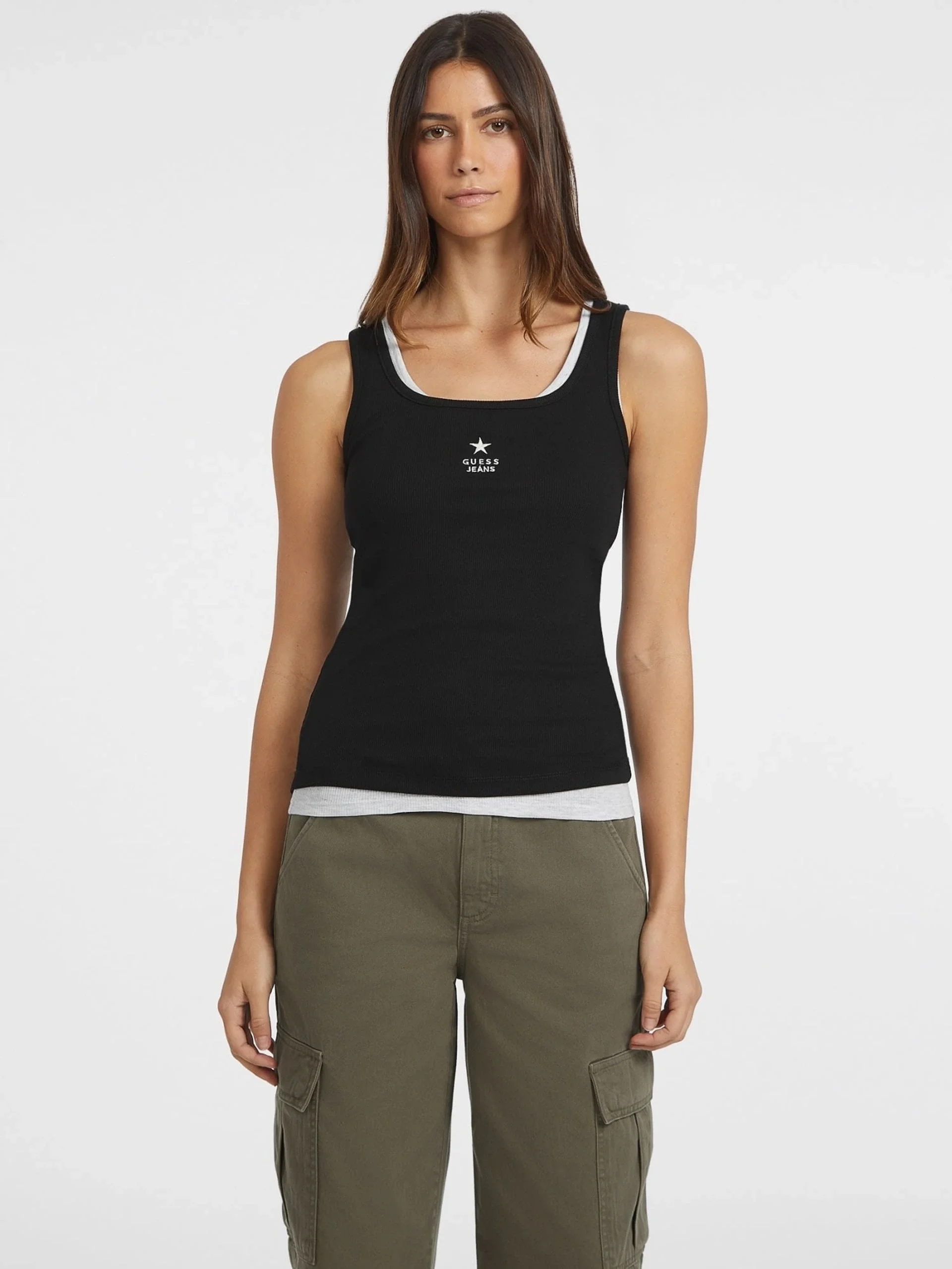 Guess Kadın Siyah Kare Yaka Nakışlı Ribana Atlet W4YP48KA0H1-JBLK