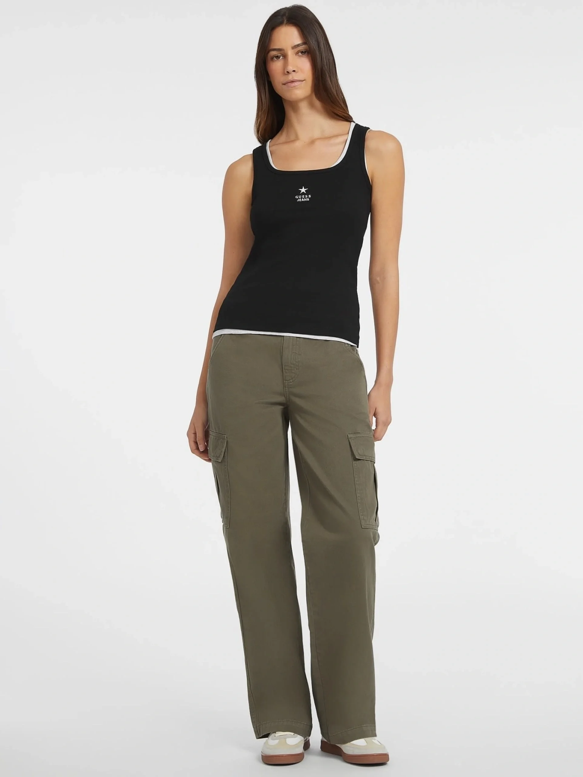 Guess Kadın Siyah Kare Yaka Nakışlı Ribana Atlet W4YP48KA0H1-JBLK